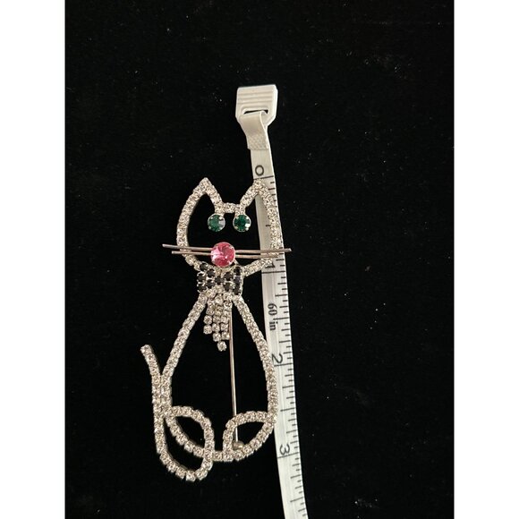 Vintage Sparkling Rhinestone Large Cat Bowtie Brooch Pin - Picture 5 of 6